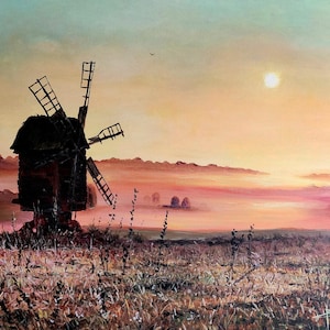 Mill Painting Mill Wall Art Rustic Landscape Painting Sunrise Acrylic Art Original Mill Painting, Nature Landscape Painting Mill Oil Canvas