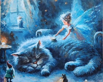 気まぐれな猫の絵画ウォールアート - 妖精と小人と眠る猫、絵本風の子供部屋の装飾 20x20 「猫の夢」猫好きへのギフト