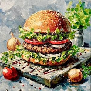 Cheeseburger Painting, Food Wall Art, Kitchen Decor, Modern Wall Art, Dining Room Decor Burger Acrylic Painting Restaurant Decor Foodie Gift