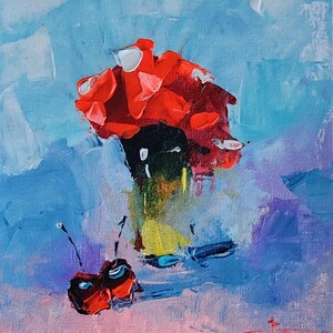 Abstract Floral Art Original Painting Red Flower on Blue Small Wall Decor Vibrant Acrylic Art Interior Decor Textured painting Pink and Blue