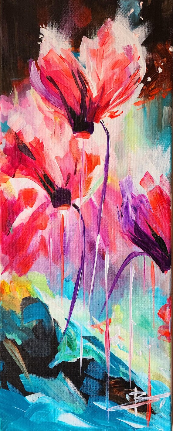 シクラメンの花 絵画 オリジナルシクラメン絵画：花のアクリルアート、8x20キャンバス