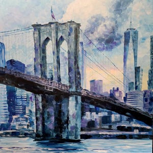 Brooklyn Bridge Original Acrylgemälde Majestätische urbane Landschaft, atemberaubendes Architekturdesign, New York City Kunst, Stadtbild