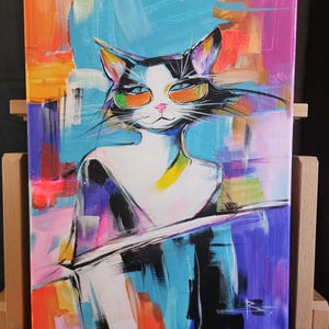 Original Acrylic Painting - Lady Cat in Glasses, Unique Artwork, 11x16 inches Canvas, Modern Cat Art, Office&Home Decor Gift for Her, gifts