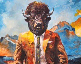 Buffalo in Suit Acrylic Painting: Modern Surrealism, 30x40 Canvas Art
