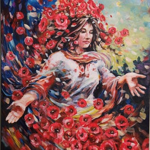 Woman with Poppies, Original Large Canvas Painting, Hand-Painted Wall Art, Acrylic Painting, Unique Gift for Her, GIFTS, Red, Colorful, Art