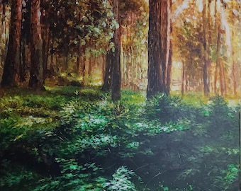 Pintura acrílica original de un bosque: paisaje de pinos bañado por el sol, gran obra de arte mural de naturaleza de 24x36 pulgadas.