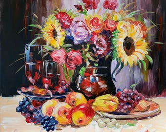 Original Acrylic Still Life Painting: Flowers, Fruits, Wine (20x20 inches)