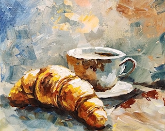 Coffee & Croissant Painting: Original Acrylic Kitchen Wall Art (9x12 Inches)