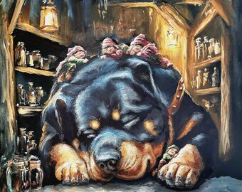 Rottweiler Acrylic Painting: Whimsical Dog & Gnome Art, 24x30