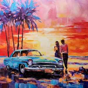 Romantic Beach Art Beach Wall Art Sunset Beach Scene Vintage Car Artwork Couple on Beach Painting Retro Auto Art Romantic Landscape Painting