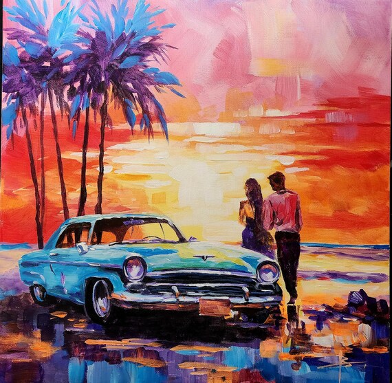 Romantic Beach Sunset Painting: Vintage Car, Couple Art - 20x20 - Etsy