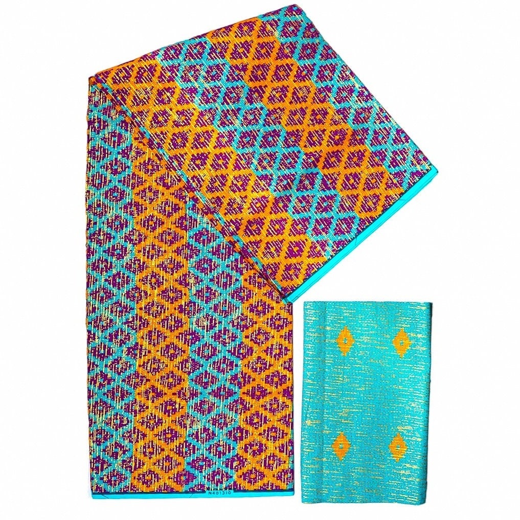 Tissu Africain Ankara / Kente Imprimé Cire - Polycoton, 45" De Large, Couleur Bleue - Vente Au Mètre Ou Lot 6 Yards