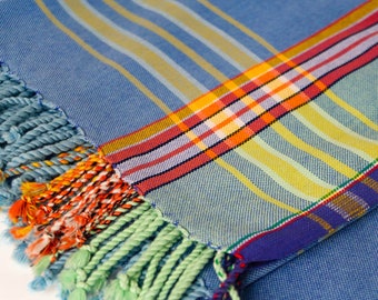 Kikoy Fabric, Kenyan Fabric Cloth, Kikoy Beach Towel, African Sarong, blue, orange, yellow green 100% cotton fabric, Tanzanian Kikoy