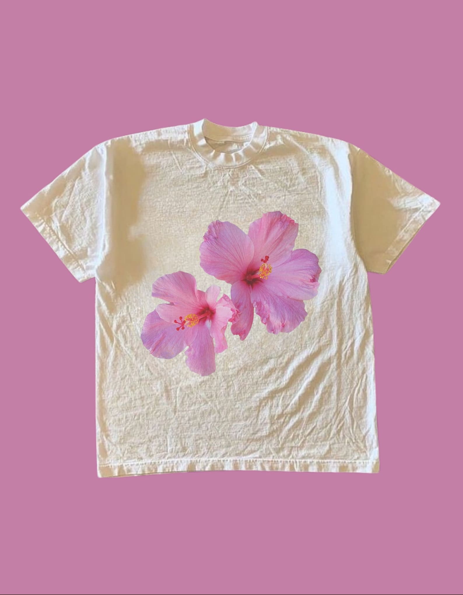 Unisex White Pink Hibiscus Tee