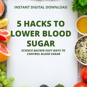 May include: White cutting board with the text "INSTANT DIGITAL DOWNLOAD 5 HACKS TO LOWER BLOOD SUGAR SCIENCE-BACKED EASY WAYS TO CONTROL BLOOD SUGAR" surrounded by various fruits and vegetables, including salmon, grapefruit, grapes, apples, avocados, tomatoes, and spinach.