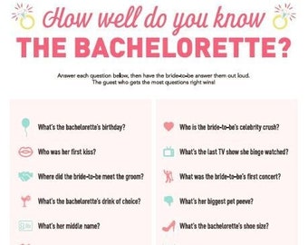 Jak dobrze znasz grę "Bachelorette Quiz Game"! - Zabawna gra na wieczór panieński. Plik PDF do wydruku. Pobierz natychmiast.