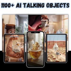 May include: An advertisement featuring three digital devices displaying animated images. The top text reads "1100+ AI Talking Objects." The images include a muscular arm with "Whey Cement" text, a ginger character in tea, and a water droplet mowing a lawn.