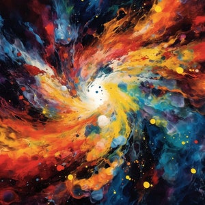 May include: Abstract painting of a swirling galaxy with vibrant colors, including red, orange, yellow, blue, and white. The painting is filled with small, colorful dots that resemble stars.