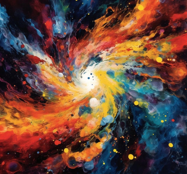 May include: Abstract painting of a swirling galaxy with vibrant colors, including red, orange, yellow, blue, and white. The painting is filled with small, colorful dots that resemble stars.