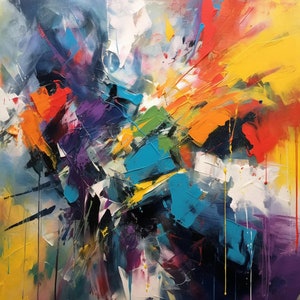 May include: Abstract painting with vibrant colors, including blue, yellow, red, green, and purple. The colors are blended and layered to create a dynamic and energetic composition.