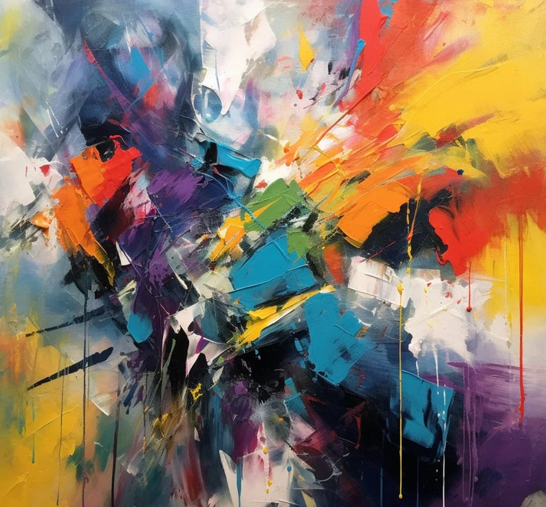 May include: Abstract painting with vibrant colors, including blue, yellow, red, green, and purple. The colors are blended and layered to create a dynamic and energetic composition.