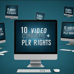 May include: A computer screen displaying the text "10 VIDEO COURSES + PLR RIGHTS" in a blue and white color scheme. The screen is surrounded by four smaller computer screens, each displaying the same text in a smaller font size.
