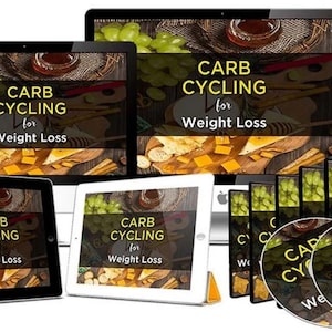Może przedstawiać: Obraz promocyjny dla programu odchudzania, z tekstem "CARB CYCLING for Weight Loss" na różnych urządzeniach cyfrowych i płytach CD. Obraz zawiera komputer stacjonarny, tablety i płyty CD, z obrazami jedzenia.