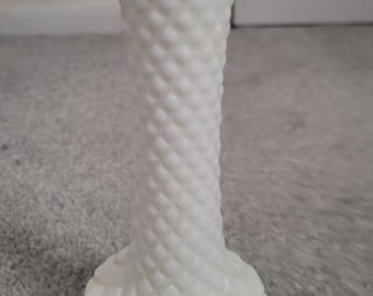 Vintage White Milk Glass Randall Bud Vase – Diamond Pattern, 8.75 inches Tall