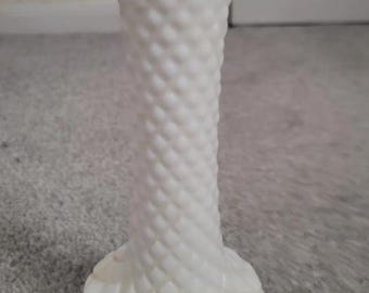 Vintage White Milk Glass Randall Bud Vase – Diamond Pattern, 8.75 inches Tall