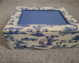 Elegant Blue & Ivory French Toile Jewelry Box-Picture Frame Lid, Mirror and Drawer