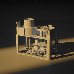 May include: A matte off-white mechanical assembly featuring a rectangular frame, a central cylindrical housing, and a series of interlocking gears visible within the structure. The device includes vertical support pillars and small protruding tabs.