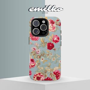 花柄ヴィンテージタフフォンケース - ロマンチックな赤とピンクのバラ柄フォンカバー - iPhone 16、15、14、13、12、11用シャビーシックケース