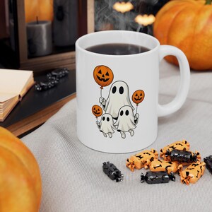 Ghost Family Pumpkin Balloon Halloween Mug / Cute Spooky Ghost Coffee Cup / Fall Pumpkin Patch Tea Mug Gift / Trick or Trear Gift Idea