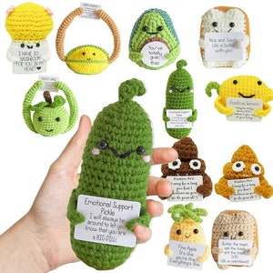 Muñeca trenzada hecha a mano con tarjeta, crochet hecho a mano, apoyo emocional, pepinillo, pepino, regalos de punto para él ella, regalos personalizados