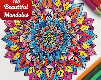 May include: A colorful mandala with intricate details in shades of blue, yellow, pink, orange, and red. The mandala is drawn in a circular pattern with a central flower design.