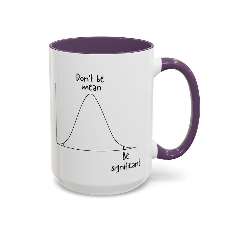 May include: A white ceramic mug with a purple interior and handle. The exterior features a black line drawing of a bell curve graph with the text "Don't be mean" above the peak and "Be significant" below the curve on the right side.