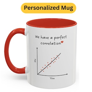 May include: A white ceramic mug with a red interior and handle. The mug features the text "We have a perfect correlation" with a graph of red heart-shaped dots. The top of the mug has a yellow banner that says "Personalized Mug".