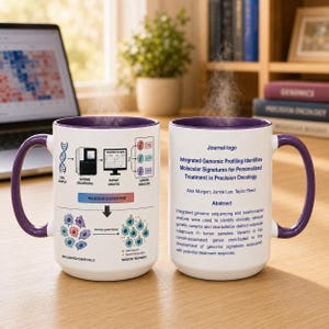 Puede incluir: Dos tazas de cerámica blanca con interior y asa de color morado. Una taza muestra un diagrama científico de secuenciación genómica y clasificación de células tumorales. La otra presenta un título de artículo, autores y un resumen.