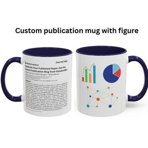 May include: White ceramic mug with a navy blue interior and handle. The mug displays text and graphics, including a pie chart, bar graph, and a network diagram. The text reads "Custom publication mug with figure."
