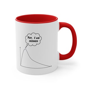 May include: White ceramic mug with a red rim and handle. The mug features a black and white illustration of a skewed bell curve with a thought bubble above it that says "Yup, I am skewed".
