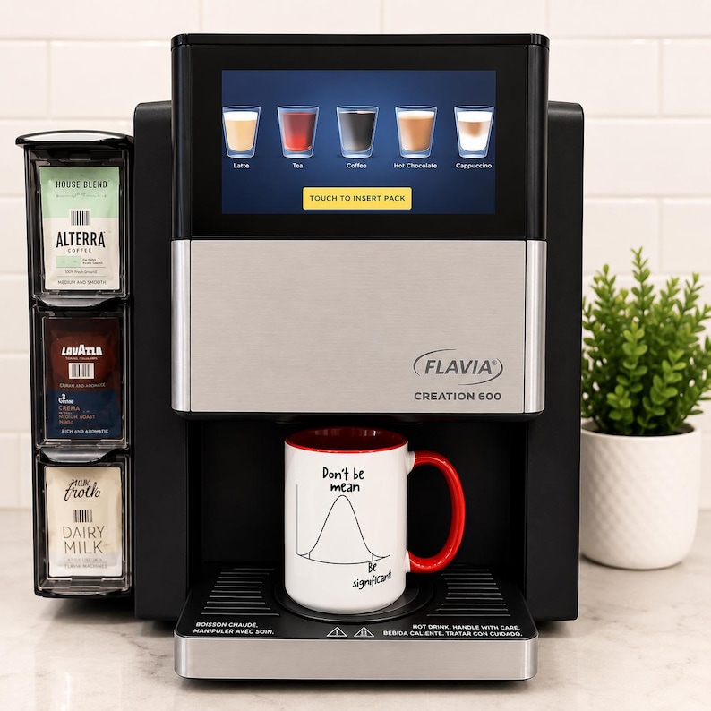 May include: A black and silver Flavia Creation 600 coffee machine with a touchscreen display showing drink options. A white mug with a red interior and handle features a bell curve graphic with the text Don't be mean, Be significant.