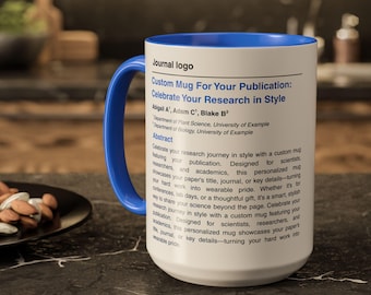 Caneca personalizada com tema de publicação, ideal para presentear cientistas, professores ou pesquisadores com artigos científicos em defesas de doutorado, formaturas e outras ocasiões.