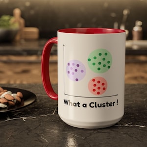 Könnte beinhalten: Weißer Keramikbecher mit rotem Innenraum und Henkel. Der Becher zeigt eine Grafik mit drei farbigen Kreisen, die mit Punkten gefüllt sind, und den Text "What a Cluster!" in Schwarz.