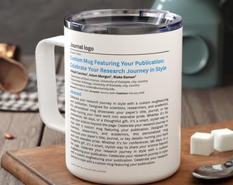 Taza de café con aislamiento y mensaje personalizado para publicaciones de revistas. Regalo para graduación, doctorado, maestría, tesis o profesor.
