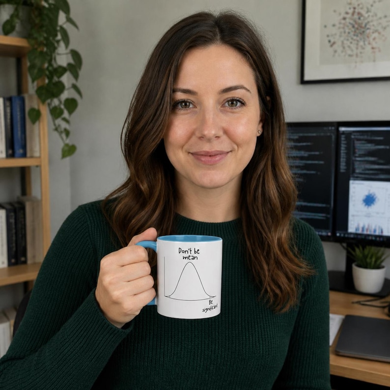 May include: A white ceramic mug with a light blue interior and handle, featuring a black line drawing of a bell curve graph. The text "Don't be mean" is printed above the curve, and "be significant" is printed below the curve in black ink.