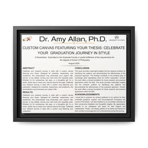 May include: A framed print with the text "Dr. Amy Allan, Ph.D." and "Custom Canvas Featuring Your Thesis: Celebrate Your Graduation Journey in Style." The print is in a black frame.