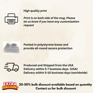 May include: An informational graphic featuring four sections with icons and text. The first section shows a printer icon with text about high quality print on both sides of a mug. The second shows a white polystyrene box. The third shows a truck icon.
