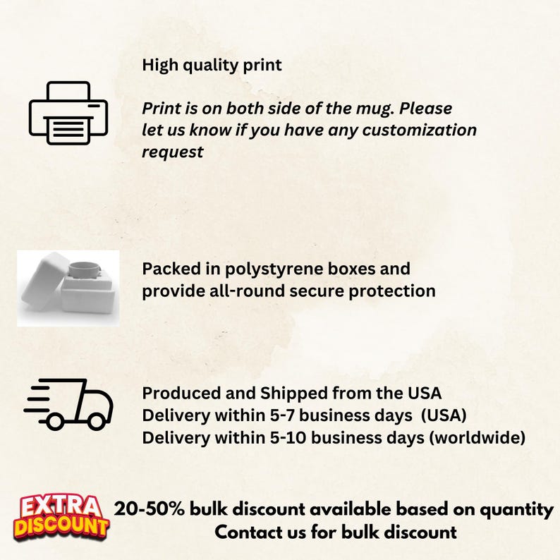 May include: An informational graphic featuring four sections with icons and text. The first section shows a printer icon with text about high quality print on both sides of a mug. The second shows a white polystyrene box. The third shows a truck icon.