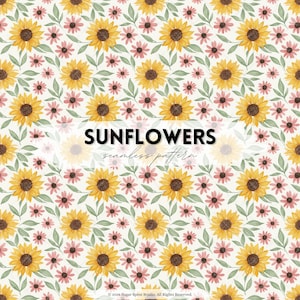 Könnte beinhalten: Nahtloses Muster mit gelben Sonnenblumen und rosa Gänseblümchen auf cremefarbenem Hintergrund. Das Design enthält grüne Blätter und den Text "SUNFLOWERS seamless pattern".