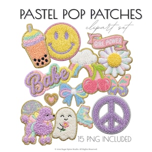 May include: A collection of pastel-colored patches with various designs, including a smiley face, a peace sign, a ghost, and a poodle. The text "PASTEL POP PATCHES clipart set" is at the top, and "15 PNG INCLUDED" is at the bottom.